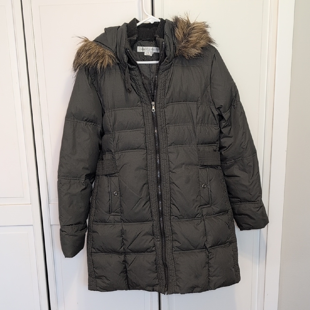 Larry Levine Down Feather Puff Jacket Green Puffer 3/4 Length Faux Fur XL Plus
